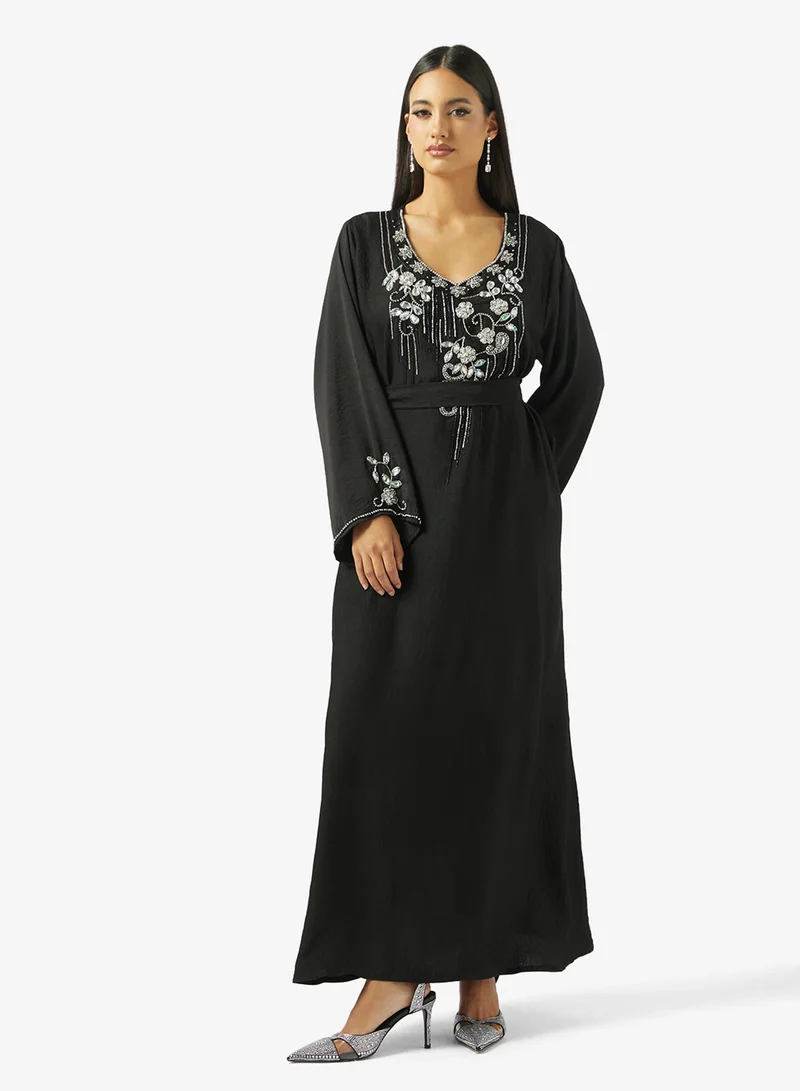 hayas closet  Floral Beaded Embroidery Work At Front Section And Belt Jalabiya for Women | Best Price UAE